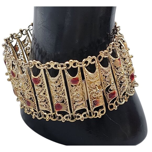 Electroplated Gold on 800 Silver Filigree Panel Bracelet Red White Accents 7.25" - Picture 5 of 15